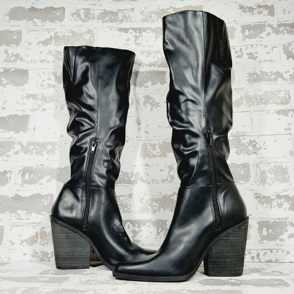 NEW Charles By Charles David In Black Faux Leather Block Heeled Boots B533 - Picture 5 of 12